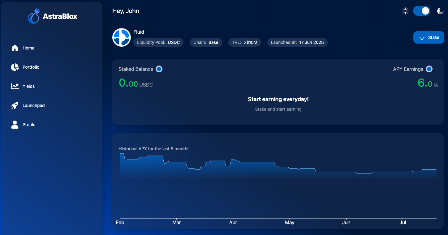Liquidity Pool Dashboard: Track APY rates, total value locked, and yield performance across AstraBlox’s DeFi staking interface.